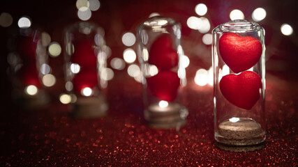 Wall Mural - Two Red Hearts in Cork Glass Bottles With Led Lights and Red Luminous copy space Background for Valentine's Day