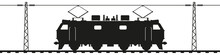 Electric Locomotive On Rails Under The Contact Wire. Railroad Electric Poles With Overhead Lines. Black Silhouette Isolated On White. Railway Transport Vector Art.