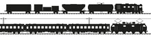 Freight Train With Diesel Locomotive, Passenger Train With Electric Locomotive. Black Silhouette Isolated On White. Railway Transport Vector Art.