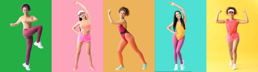 Poster - Young women doing aerobics on color background