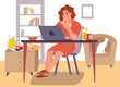 © EVGENIY - Woman snacks in the workplace. Remote work problems. Young girl eating while working at computer. Lifestyle, business rush concept. Flat vector illustration isolated.
