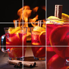 Wall Mural - Collage of two cups of christmas mulled wine against a fire. Gluhwein or hot wine. Traditional winter drink