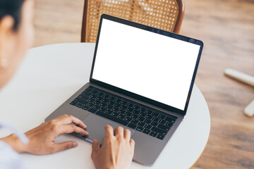 computer screen blank mockup.hand woman work using laptop with white background for advertising,contact business search information on desk at coffee shop.marketing and creative design
