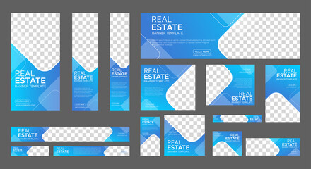 Real Estate web banner design template Set. Vertical, Horizontal and Square banners with standard size and place for photos. Vector design EPS
