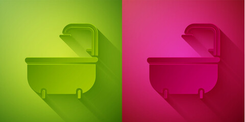 Sticker - Paper cut Bathtub icon isolated on green and pink background. Paper art style. Vector.