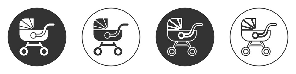 Sticker - Black Baby stroller icon isolated on white background. Baby carriage, buggy, pram, stroller, wheel. Circle button. Vector.