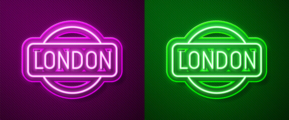 Sticker - Glowing neon line London sign icon isolated on purple and green background. Vector.