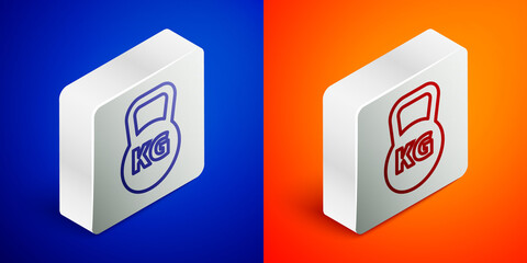 Isometric line Kettlebell icon isolated on blue and orange background. Sport equipment. Silver square button. Vector.