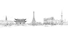 World Famous Landmarks And Monuments. Travel Posters Urban Sketch Illustration. Tourism Banner Design Concept. Popular World Known Toirism Destinations. Hand Drawn Vector.