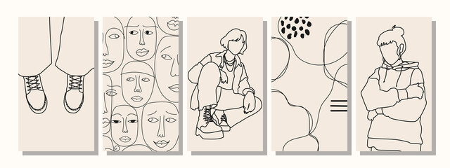 Set of Woman's Face minimalist collage abstract contemporary fashion in a modern trendy colors.