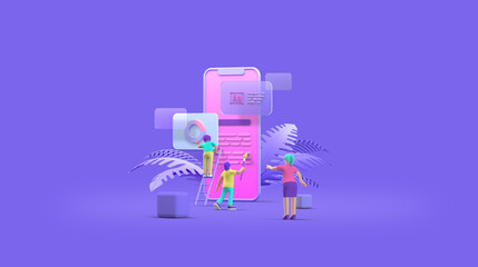 Wall Mural - mobile phone smartphone web ui ux app design teamwork concept 3d illustration. team people building 