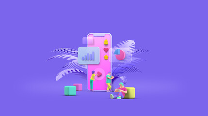 Wall Mural - mobile phone smartphone web ui ux app design teamwork concept 3d illustration. team people building 