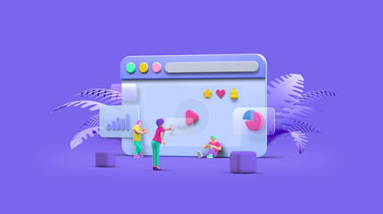 Wall Mural - web browser ui ux design teamwork concept 3d illustration. team people building creating website use