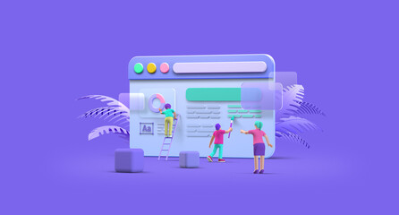 web browser ui ux design teamwork concept 3d illustration. team people building creating website use