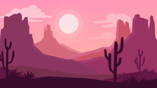 Landscape With Desert And Cactus. Sunset On A Background Of A Mountain Landscape.. Vector Illustration