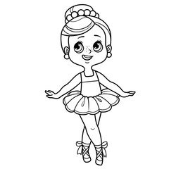 Wall Mural - Beautiful cartoon little ballerina girl on toes in pointe outlined for coloring isolated on a white background