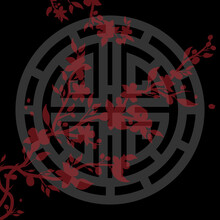 Oriental Circle Maze Ornament Background. Vector Illustration Of Abstract Asian Ornament In Dark Colors And Cherry Blossom Branch. 
