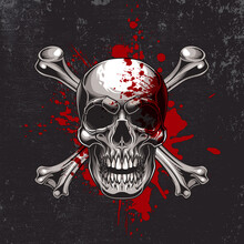 Traditional Jolly Roger Design. Vector Illustration Of Human Skull With Crossbones And Red Ink Splash In Engraving Technique Isolated On Black Grunge Background. 