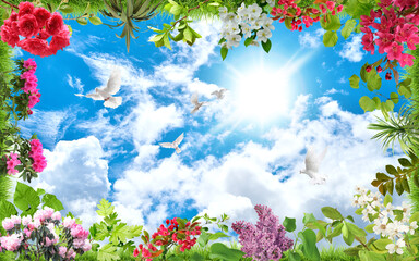 Wall Mural - pigeons flying in the trees are flying in a beautiful sky on a sunny day