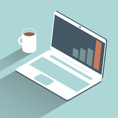 Office laptop and a cup of coffee. Financial growth chart on the computer screen. Workplace concept. Isometric illustration.