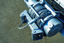Large Truck Winch With Heavy Duty Metal Cable. Close-up