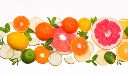 Sticker - Citrus background. Fresh citrus fruits - Lemons, oranges, limes, grapefruits on the white background