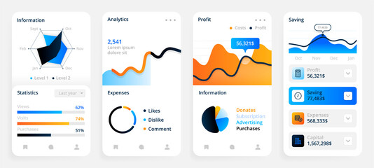 Poster - Mobile app. Smartphone application dashboard. Statistics visualization of profits and visits. Colorful infographic or diagram templates. Network or website analytic interface design. Vector mockup set