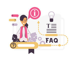 Aufkleber - FAQ. Online assistance. Frequently asked questions. Operator gives answers or recommendations on problems with services and goods. Cartoon woman with speech bubble. Vector customer support concept