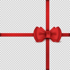 Red satin realistic bow. Scarlet decorative knot and silk ribbons. Wrap element on transparent background. Tie holiday present, fix wrapping paper to gift box with tape. Vector decoration template