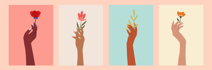 Set of female hands holding beautiful flowers posters for web, print. Different skin colored elegant woman hands isolated. Girl power. Feminism. Modern vector illustration in flat style