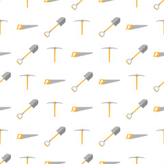 Wall Mural - Seamless pattern with cartoon hand saw, pickaxe, shovel on white background. Gardening tool. Vector illustration for any design