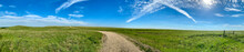 Panorama Panoramic Of Green Pasture Countryside With Blue Sky And White Clouds 