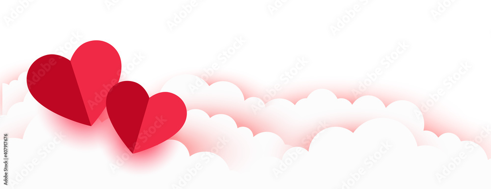 valentines day romantic paper hearts and clouds banner - obrazy, fototapety, plakaty 