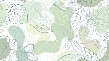 Wall Mural - Floral seamless pattern with leaves with abstract organic shape blots over white background