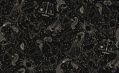 Wall Mural - seamless pattern - signs of the zodiac. gold illustration of astrological signs on a dark background