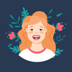 
Vector cartoon illustration of Close-up of a smiling young cute girls face with braces on his teeth. 
