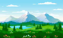 Panoramic Views Of Large Mountains, Beautiful Meadows With Flowers. Flat Cartoon Landscape With Nature. Vector Illustration.