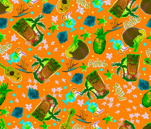 Bright Tropical Pattern With Hawaiian  Symbols, Pineapples,  Coconuts, Ukulele, Shells, Palms And Flowers.