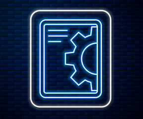 Glowing neon line Software, web development, programming concept icon isolated on brick wall background. Programming language and program code on screen tablet. Vector.