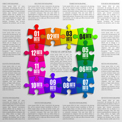 Fototapete - Twelve sided 3d puzzle presentation infographic template with explanatory text field for business statistics