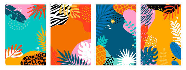 Wall Mural - Set summer cards, banners, flyers with tropical palm leaves and animal print. Abstract Summertime backgrounds,Template for your design, sales, social media,web. Vector illustration.