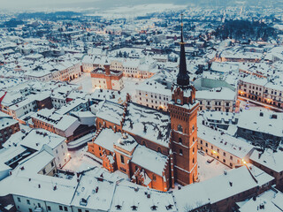 Wall Mural - Tarnow Cityscape. Old Town in Lesser Poland. Aerial Drone View. Winter in City. Market Square and Cathedral Church Tower