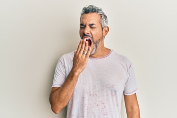 Sticker - Middle age grey-haired man wearing casual clothes bored yawning tired covering mouth with hand. restless and sleepiness.