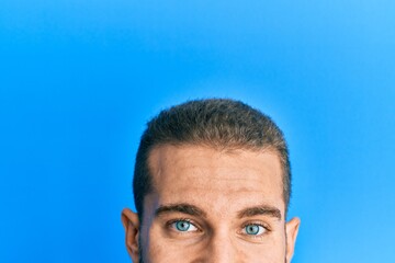 Sticker - Young caucasian man showing head and half face smiling and laughing hard out loud because funny crazy joke.