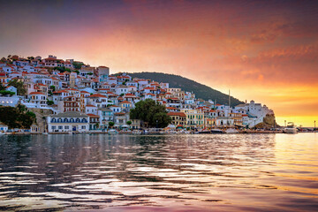 view of town and port at the island skopelos, northern sporades, greece