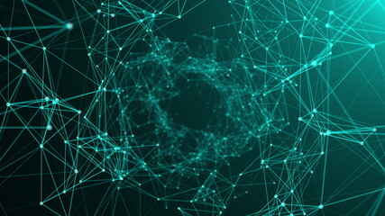 Lines and points form geometric surfaces. Computer generated connection dots tunnel. 3d rendering abstract space backdrop.