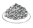 Sketch homemade Italian fettuccine pasta on plate . Hand drawn dish with spaghetti. Tagliatelle , Pappardelle or Taglierini.
