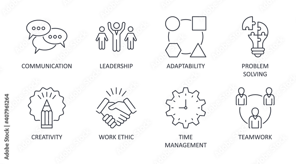Vector soft skills icons. Editable stroke. Interpersonal attributes symbols succeed in workplace. Communication teamwork adaptability problem solving creativity work ethic time management leadership - obrazy, fototapety, plakaty 