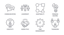 Vector Soft Skills Icons. Editable Stroke. Interpersonal Attributes Symbols Succeed In Workplace. Communication Teamwork Adaptability Problem Solving Creativity Work Ethic Time Management Leadership
