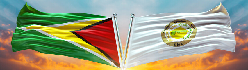 Double Flag Arab Maghreb Union اتحاد المغرب العربي AMU and Guyana flag waving flag with texture sky Cloud and sunset